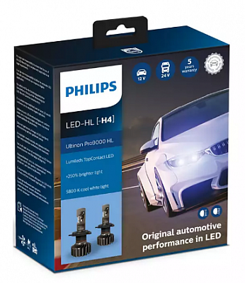 Светодиодные лампы H4 Philips Ultinon Pro9000 +250% 5800K (11342U90CWX2)